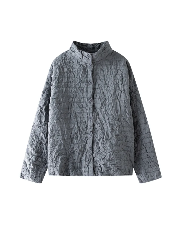 Kurtka bawełniana Miyake Design - jednolity kolor, prosty kołnierz stójka, zapinana na jeden guzik, luźna i uniwersalna, ciepła damska bluzka na zimę.