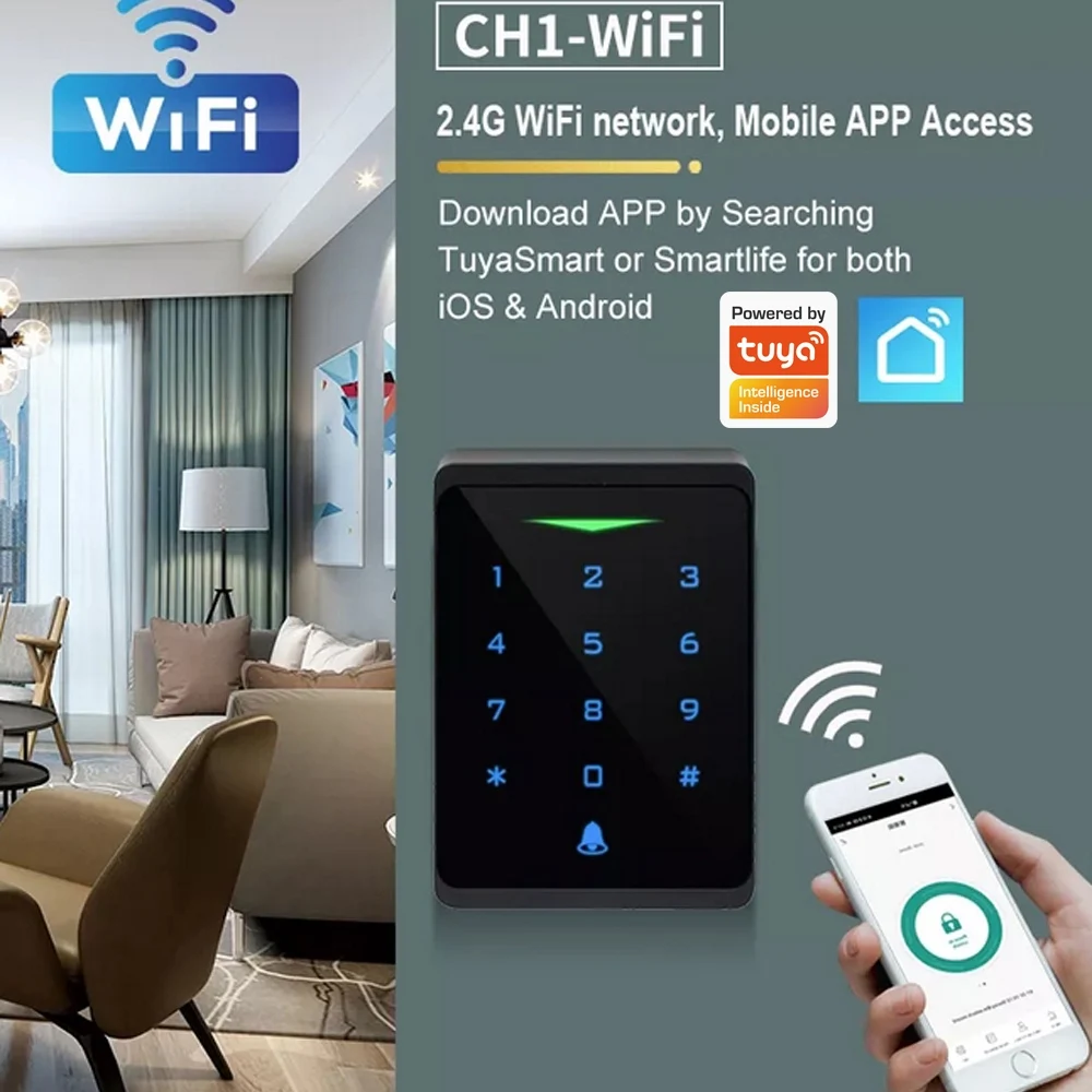 2.4G Wifi Support Tuya App RFID Keypad IP66 Waterproof Backlit Touch 125kHZ EM Card Reader For Access Control System WG 26bits