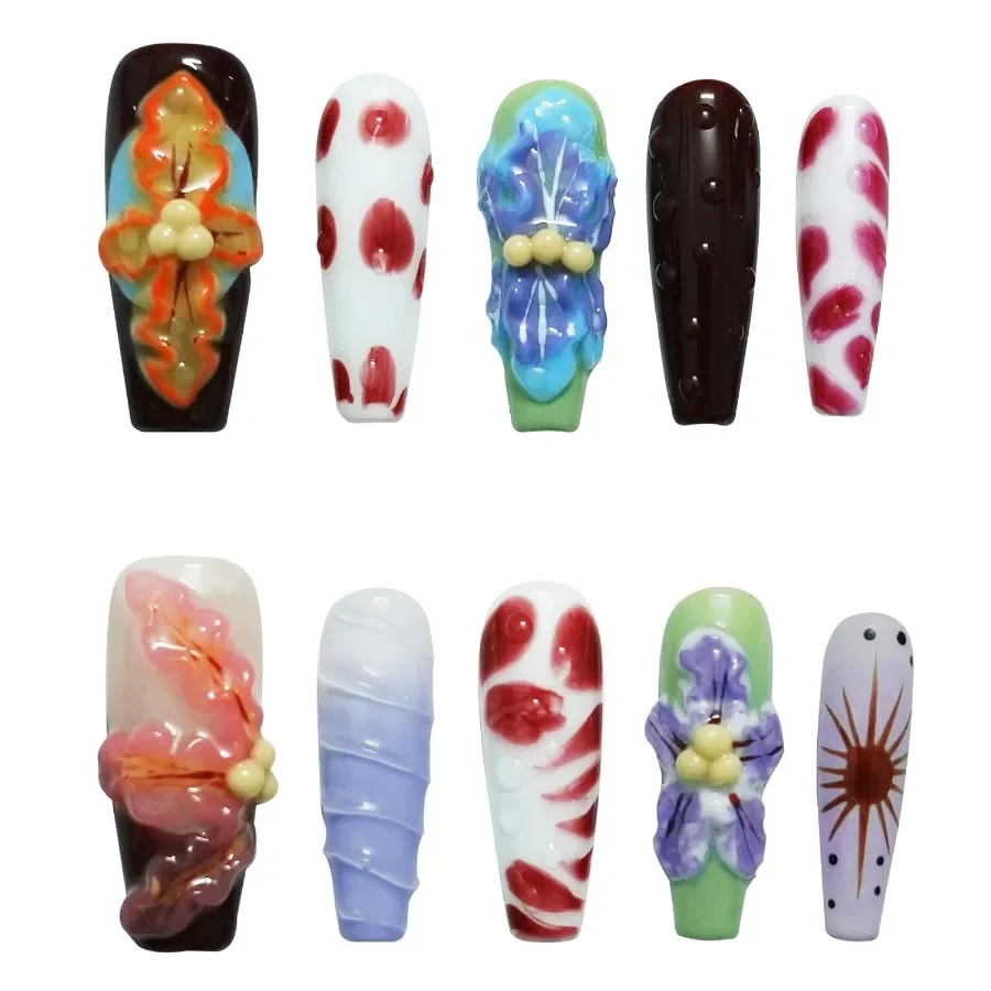 

Long Coffin Press On Nails with 3D Floral Design for Summer Fashion Multicolor Thick Luxury Reusable Acrylic Nails Ideal for Pa