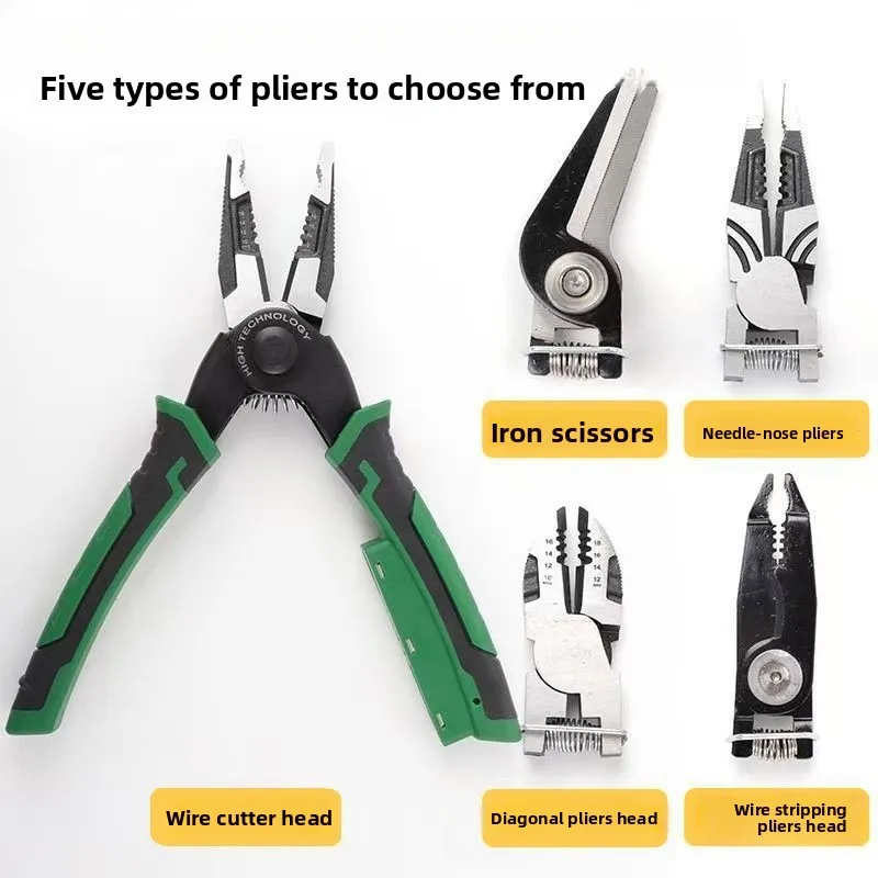 5-in-1 multifunctional wire pliers with freely switchable heads, specifically designed for electricians,  TPR Rubber handle