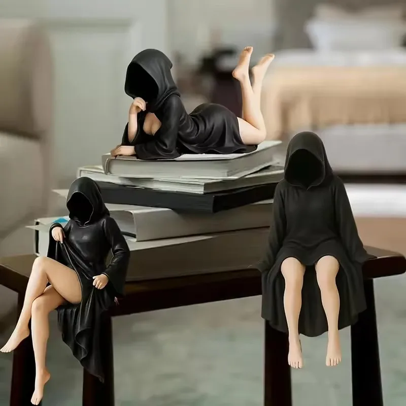 Statue mystérieuse gothique noire 3d, 3 pièces, Robe reine, Sculpture d'étagère, Statues assises effrayantes, ornements de bureau, cadeaux