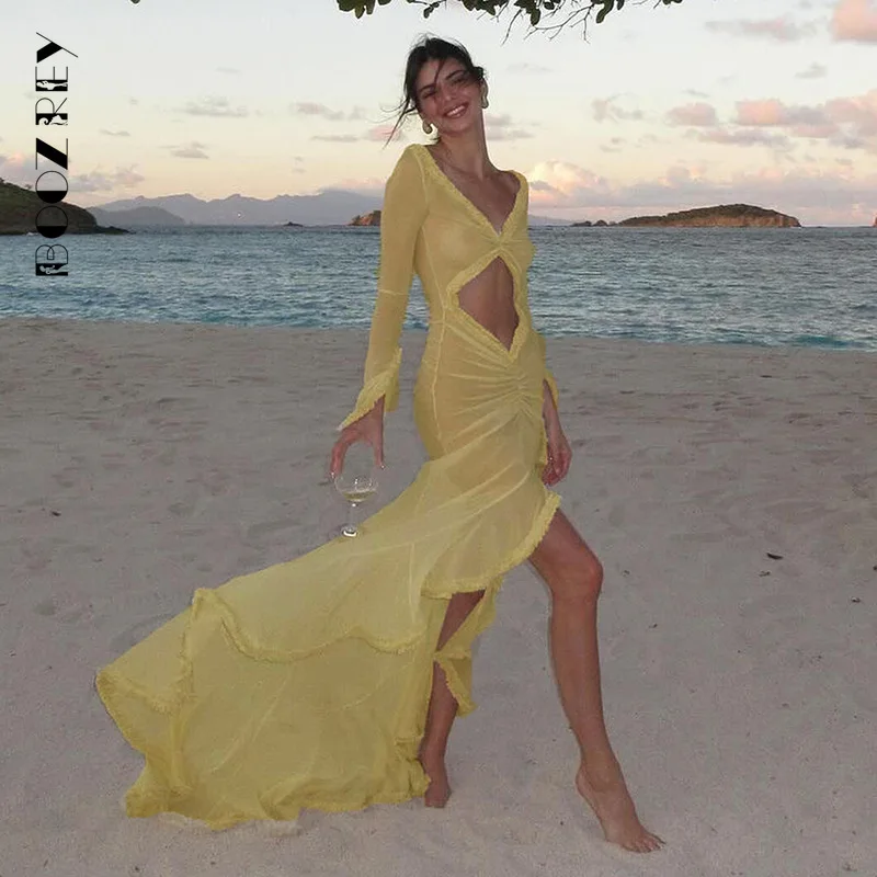 BoozRey-vestido transparente con escote en V profundo para mujer, prenda elegante, ajustada, ahuecada, Sexy, con abertura y volantes, para vacaciones y playa