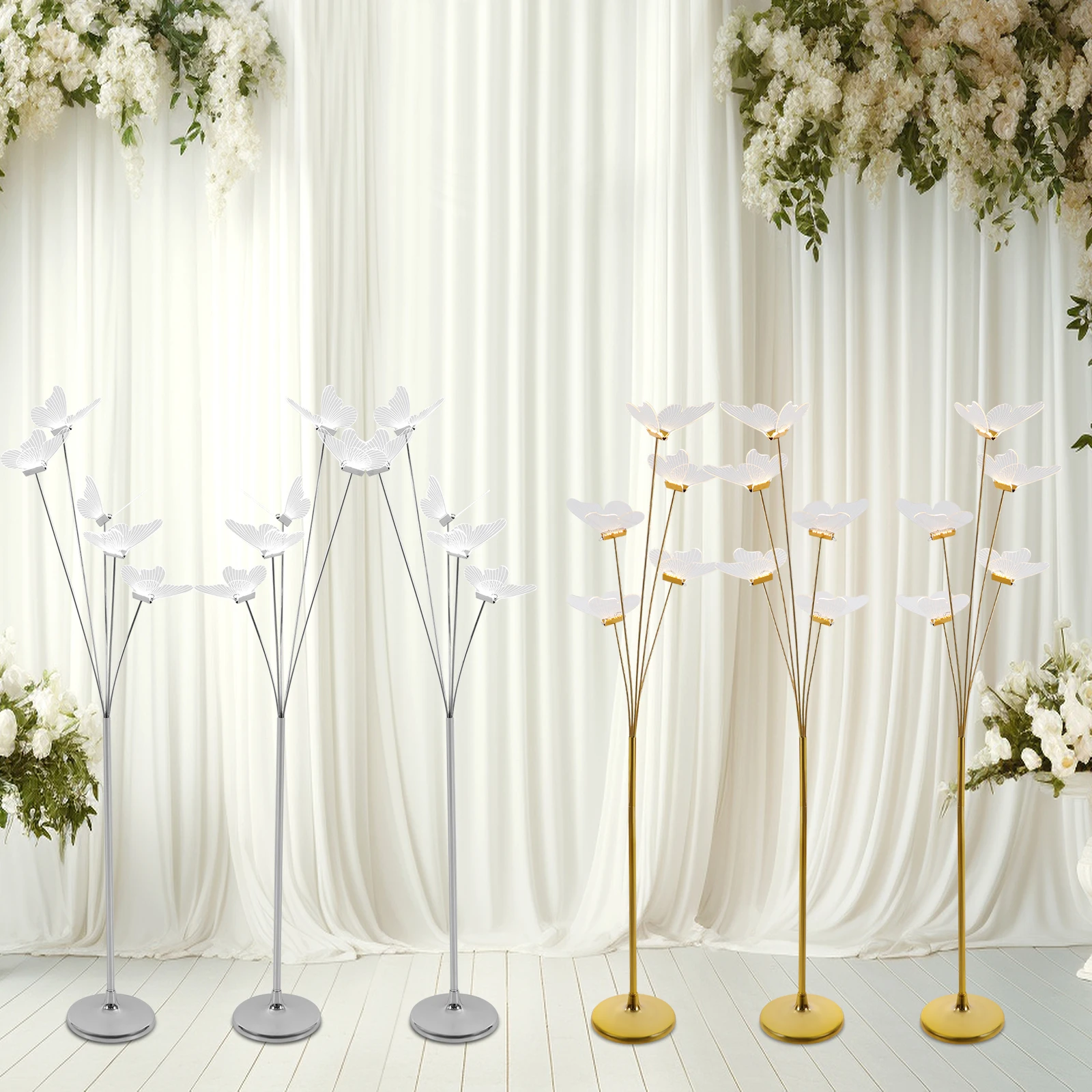 

110V 3Pcs Gold/Silver LED Butterfly Standing Lights, Freestanding Landscape Atmos0phere Lamp For Weddings, Parties, Stages, etc
