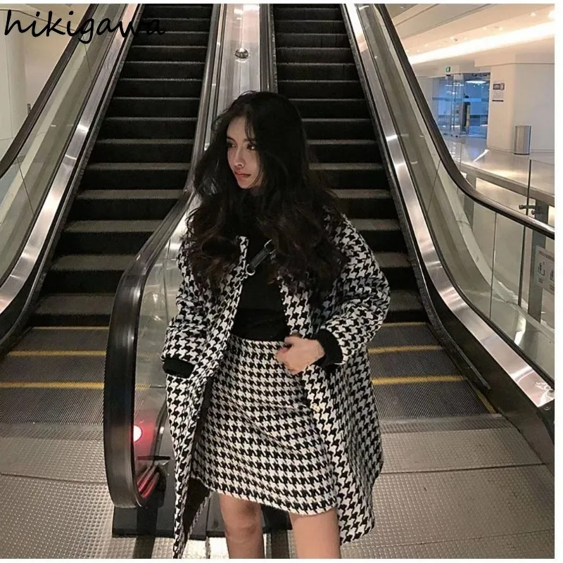 Two Piece Sets Womens Outifits Temperament Skirts Suit O-neck Oversized Jackets High Waist Bodycon Mini Skirt Plaid Vintage Set