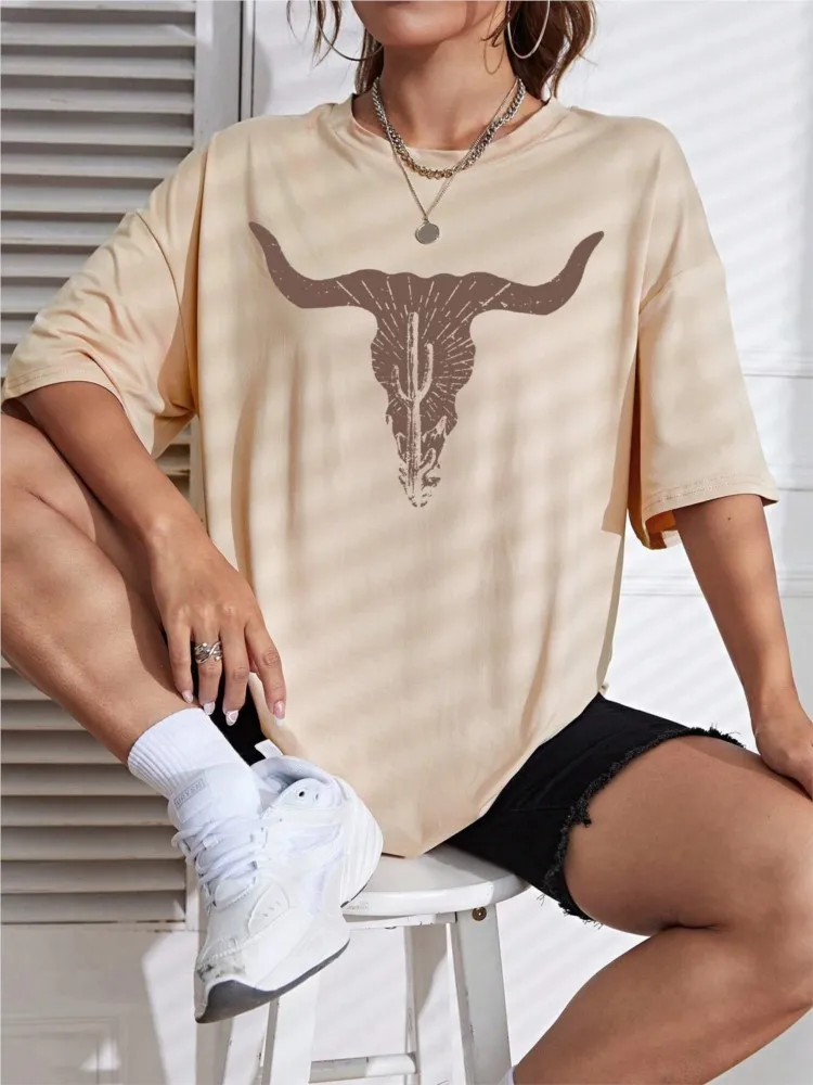 NEW Spring Cotton Womans T-Shirts Simple Cattle Printing Short Sleeve Tees Fashion Casual Female Clothes Comfortable Street Tops