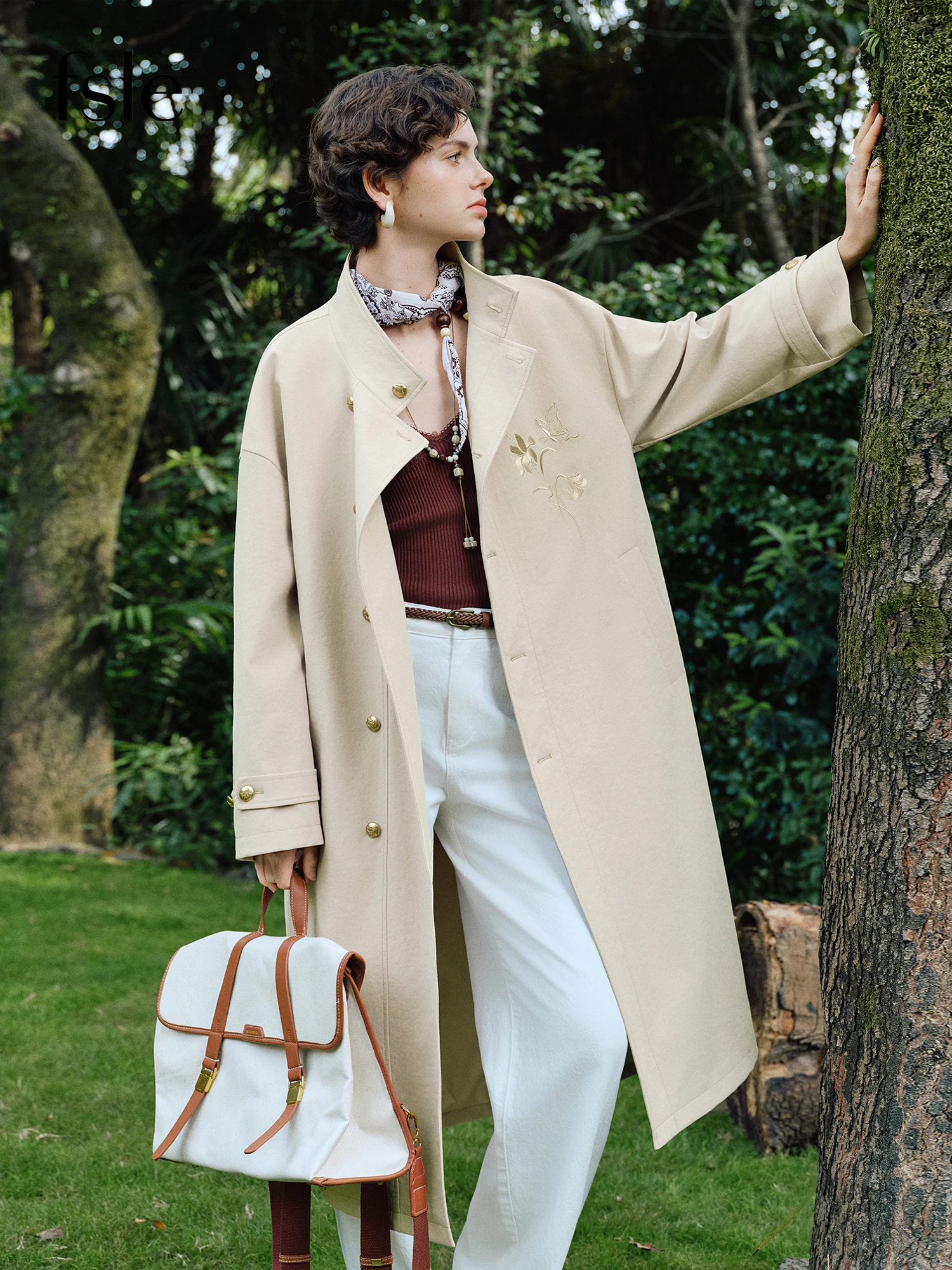 FSLE Chinese-style Embroidered Classic Stand-up Collar Trench Coat for Women Spring 2026 Long Khaki Coat Commuting