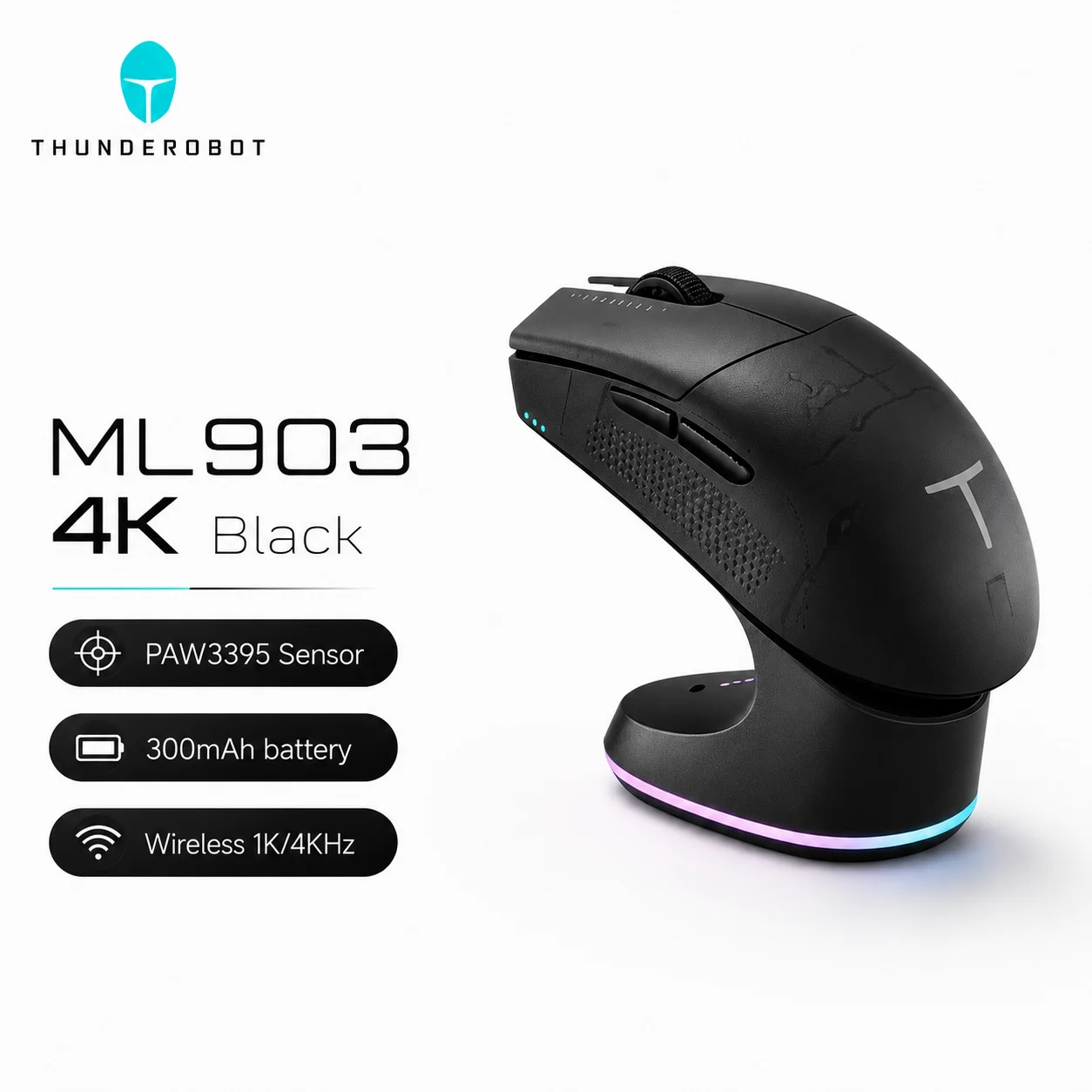 Thunderobot ML901 ML903 Wireless Gaming Mouse PAW3395 26000DPI 650IPS 1K 4K Polling Rate 3-Zone RGB For Laptop PC Gamer