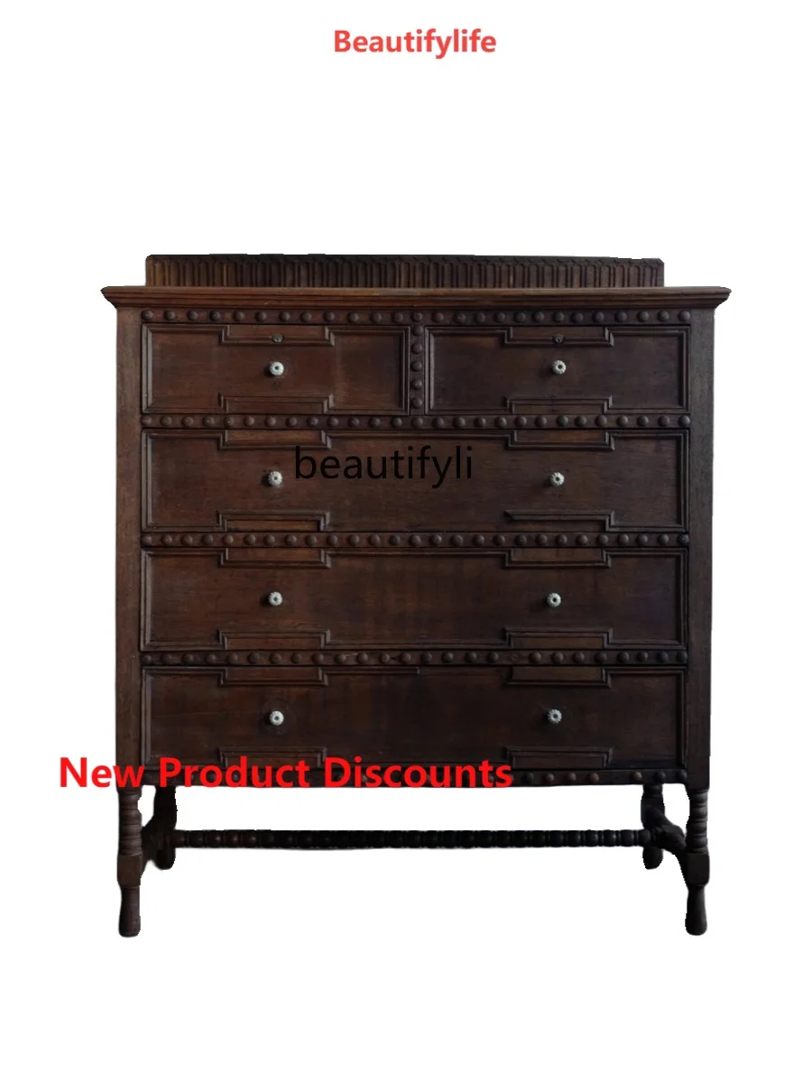 X188 Retro Solid Wood Carved Chest of Drawers Locker New Classical Hall Entrance Cabinet French Four-Drawer Cabinet Complete Set