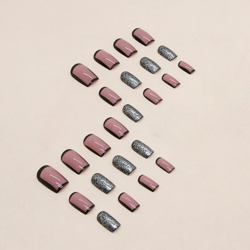 24 peças de unhas de pressão rosa glam-borda de glitter preta formato quadrado médio (multi tamanhos) unhas falsas com ferramentas de uso