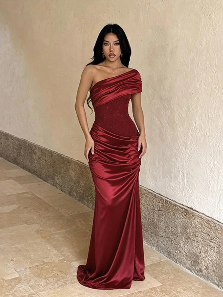 MsChuh Summer Party Dresses For Woman Slanted Shoulder Evening Dress Solid Color Robe Temperament Vestidos French Fashion Trendy