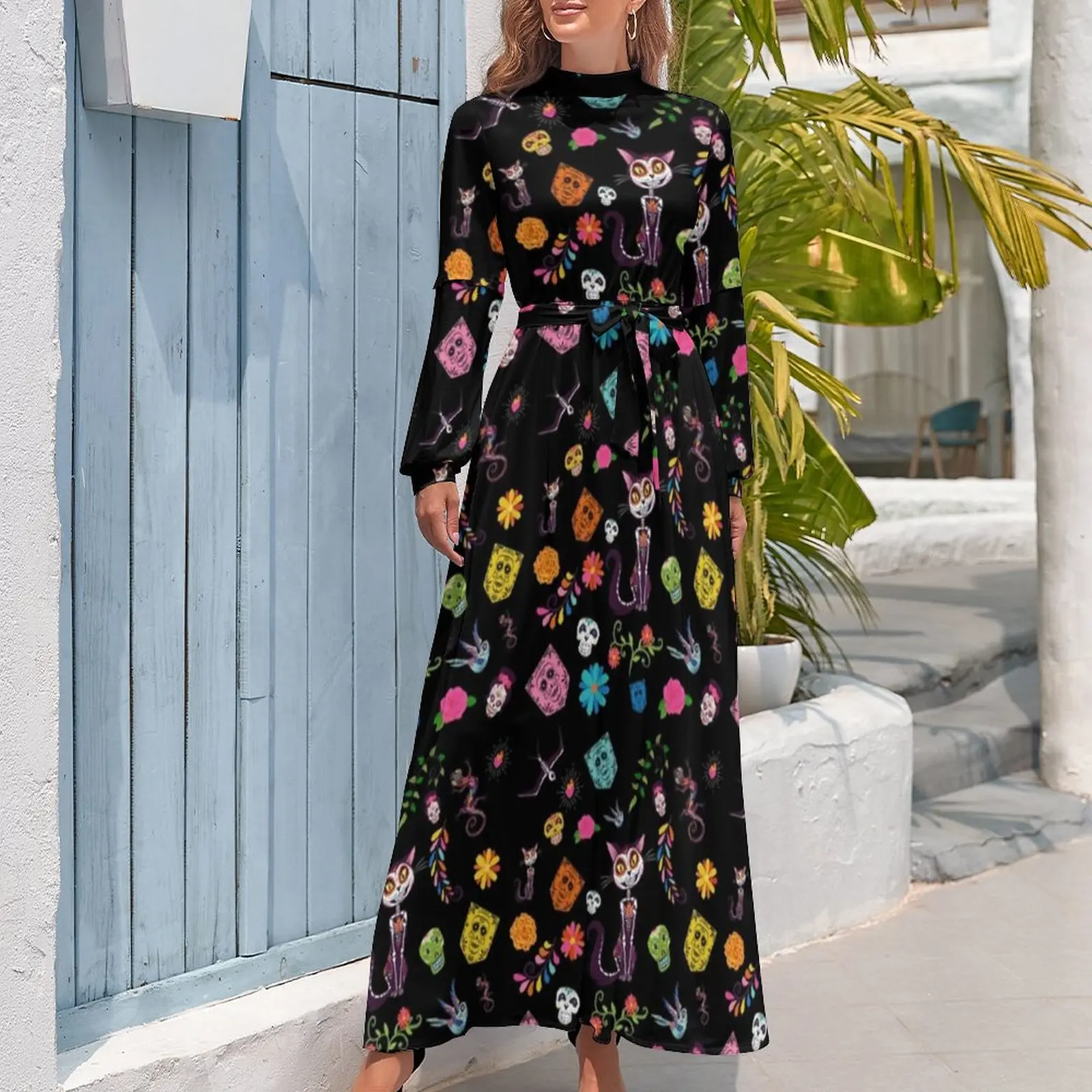 Sugar Skull Cat Dress Day of The Dead Street Style Beach Dresses Woman Long Sleeve High Waist Modern Long Maxi Dress