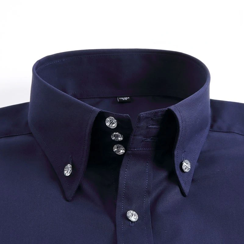 Classic Dress Shirt for Men Crystal Rhinestone Buckle Long Sleeve Slim Fit Korean Fashion Business Casual White Formale Shirts