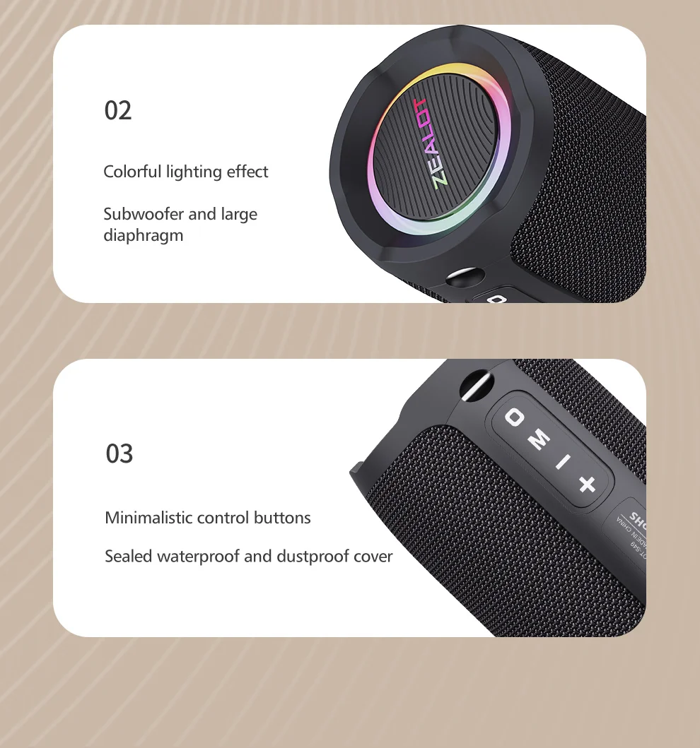 ZEALOT-S49 Tragbarer Bluetooth-Lautsprecher 360° Stereo-Sound 20W IPX6 Wasserdicht Kabelloser Bluetooth 5.2 Outdoor-Lautsprecher – Detail 18