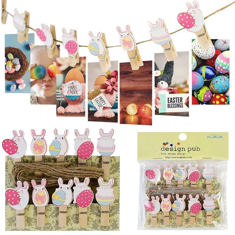 10pcs Easter Wood Clips Bunny Egg Mini Wooden Photo Frame Paper Peg Craft Clips Easter Ornaments Decorations for Home Kids Gifts