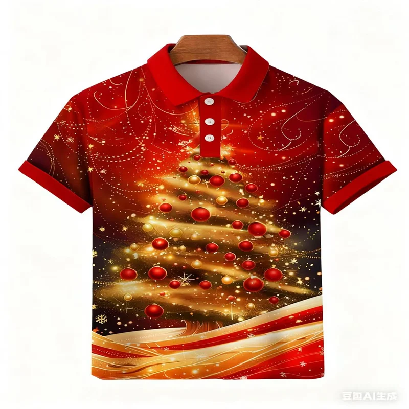 

2025 Christmas Eve Red Christmas Tree Printed Short Sleeve Shirt Fashionable and Comfortable Polo Shirt