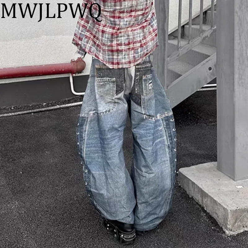 

MWJLPWQ American High Street Printed Machete Jeans Men's Fashion Niche Design Hip Hop Loose Wide Leg Pants 2025 Autumn 010536