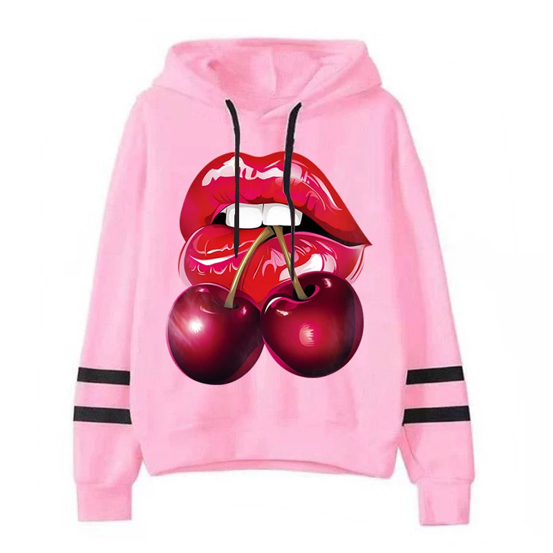 

Autumn Women's Hoodies Tempting Lips: Cherries' Playful Tease Graphics Y2K Pullover Loose Long Sleeve High Street Sweatshirts