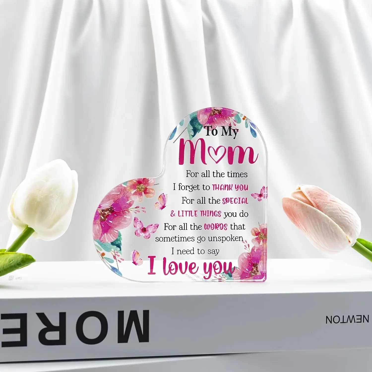 Heart‑Shaped Acrylic Plaque To My Mom I Love You Watercolor Pink Floral Butterfly Desktop Ornament Sweet Thank You Mom Home Desk Decor Gift