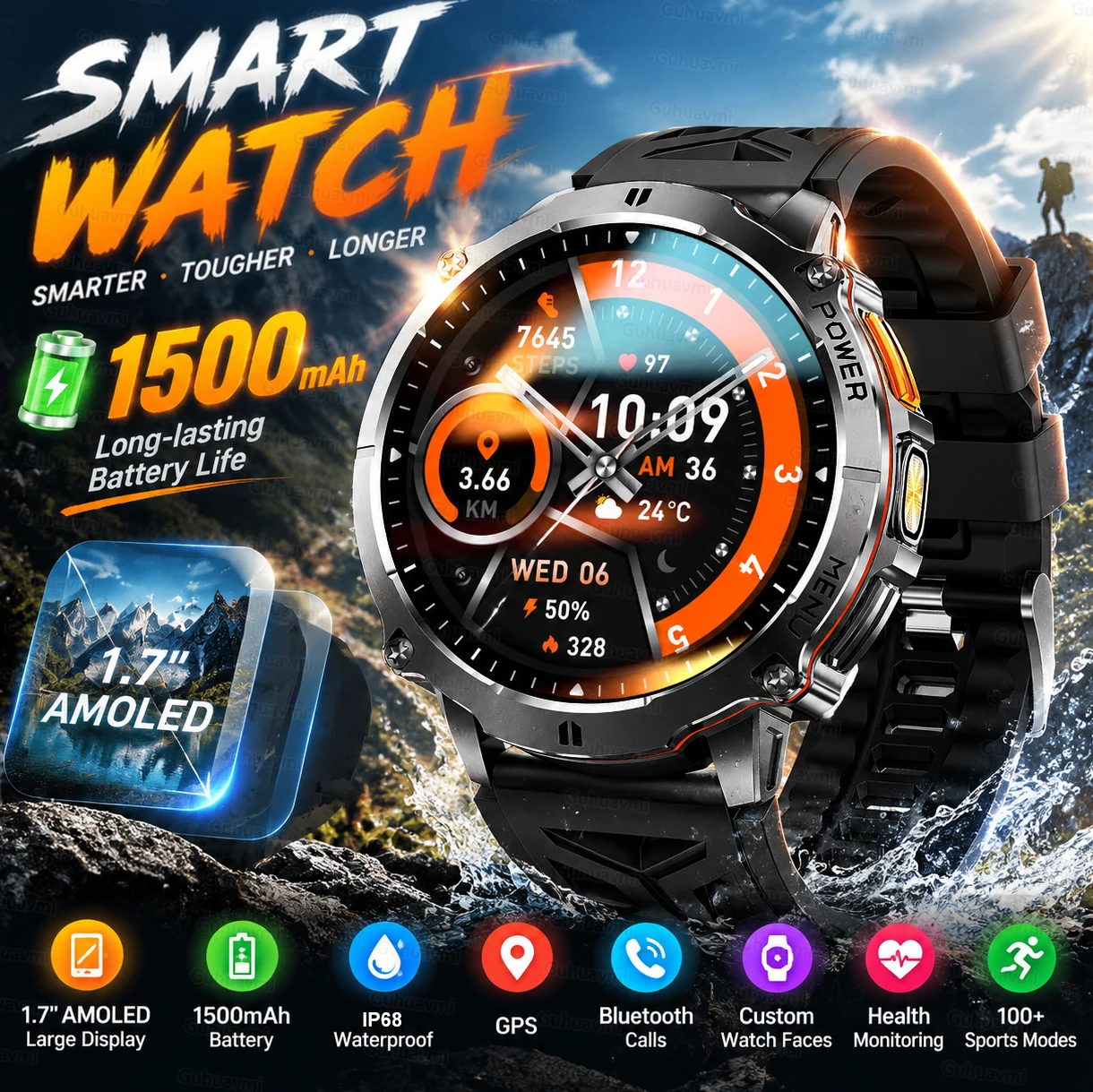 New Outdoor Sports Smart Watch For Men 1500mah Large battery GPS Motion Tracking IP68 Waterproof Call Health T-RX6 Smartwatch