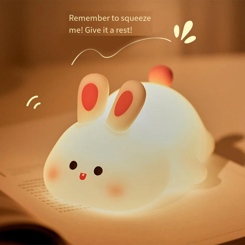Luz nocturna de conejo, bonita lámpara de silicona, regulable, recargable, duradera