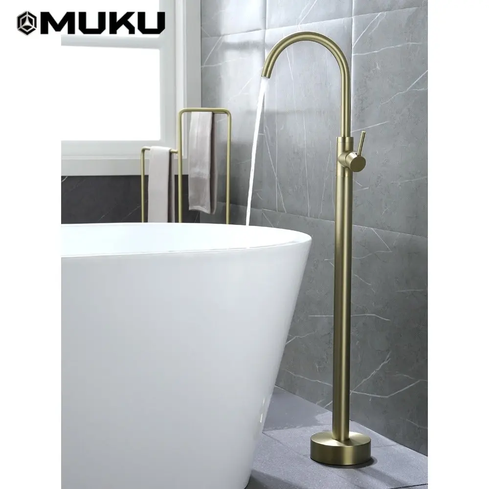 

Bathroom Copper Floor Stand Bathtub Faucet Brushed Gold Side Wooden Barrel Shower Faucet Sitting Tub Mixer with Hand Shower Set