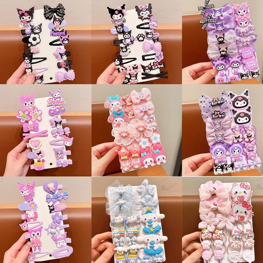 14/16pcs Kawaii Cute Anime Peripheral Hello Kitty Kuromi Cartoon Hair Tie Barrette Headwear Schoolgirl Attachment Festivals Gift