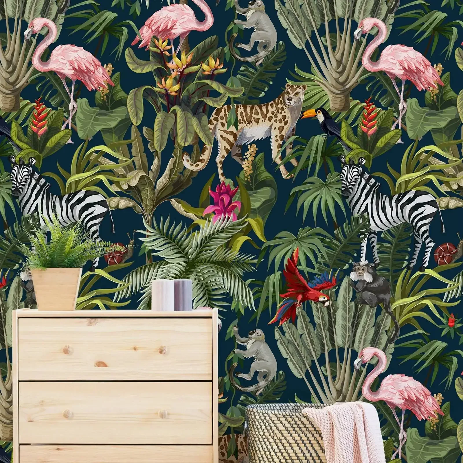 Self Adhesive Or Traditional Forest Wallpaper, Watercolor Jungle Wallpaper For Nursery Decor, Zebra & Flamingo Tropical Wall Art