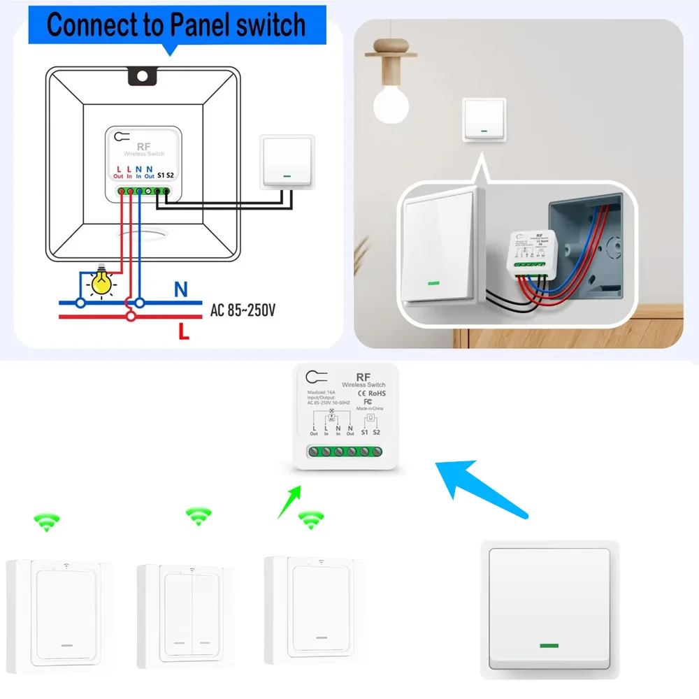 Wireless Light Switch Wall Panel Remote Control Switch AC 110V 220V 230V 16A 3000W Mini Relay Receiver for Lamp (No Need WIFI)