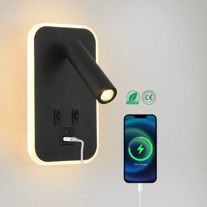 LED Wall Lamp with USB Type-C Charging Ports Ambient Backlight Rotatable Reading Spotlight Bedside Bedroom Hotel Wall Sconce