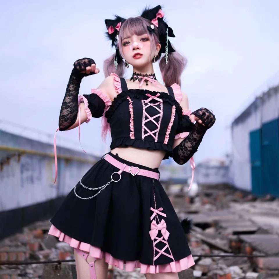 Pittige Kat Hart Jk Uniform Zwart Sweet Dark Daily Harajuku Stijl Roze Zwarte Korte Rok Set Roze Jurken Zachte Lolita Kleding