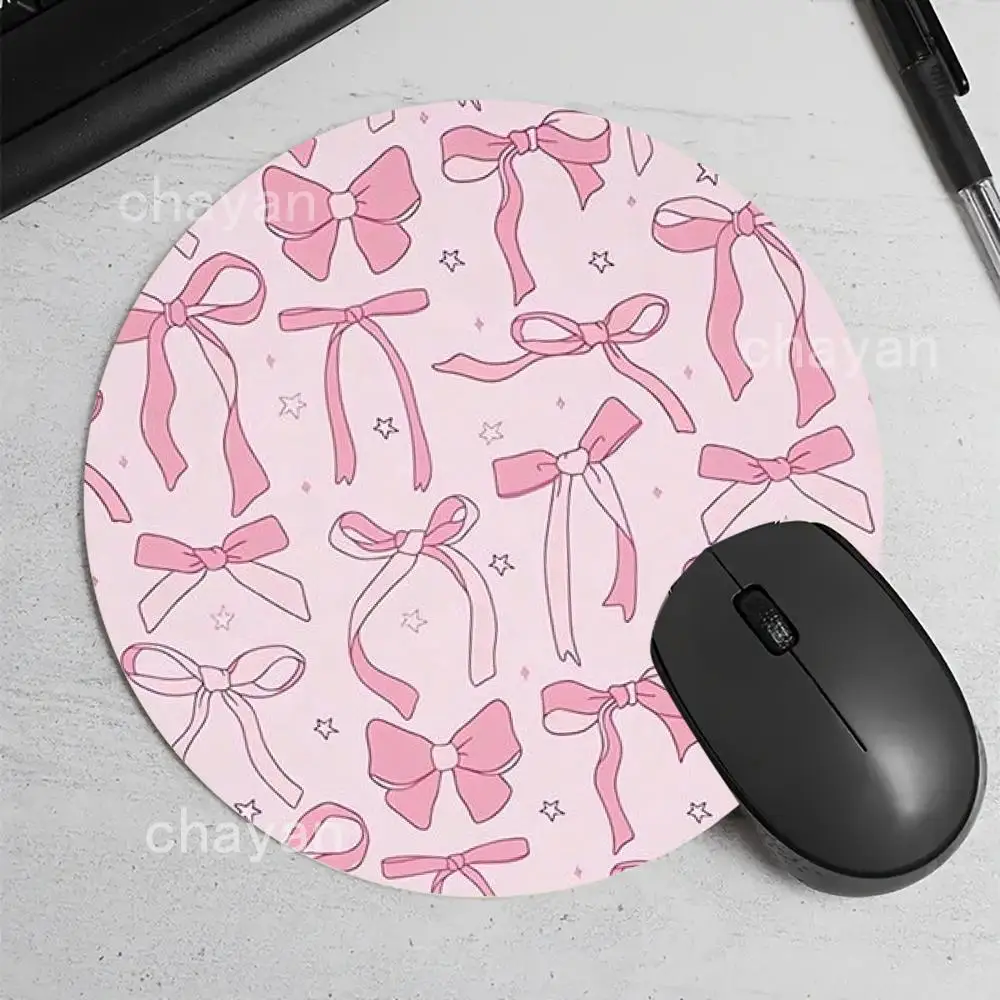 Pink Bow Mouse Pad Round Non-Slip Rubber Computer Desk Mat Accessories Office Mouse Mat Playmat Rug Desk Pad