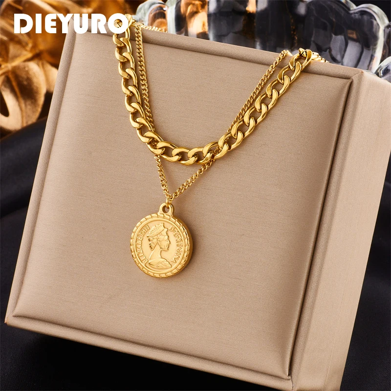 DIEYURO 316L Stainless Steel Coin Portrait Pendant Necklace For Women High Quality Gold Color 2pcs Chain Girl Neck Jewelry Gift