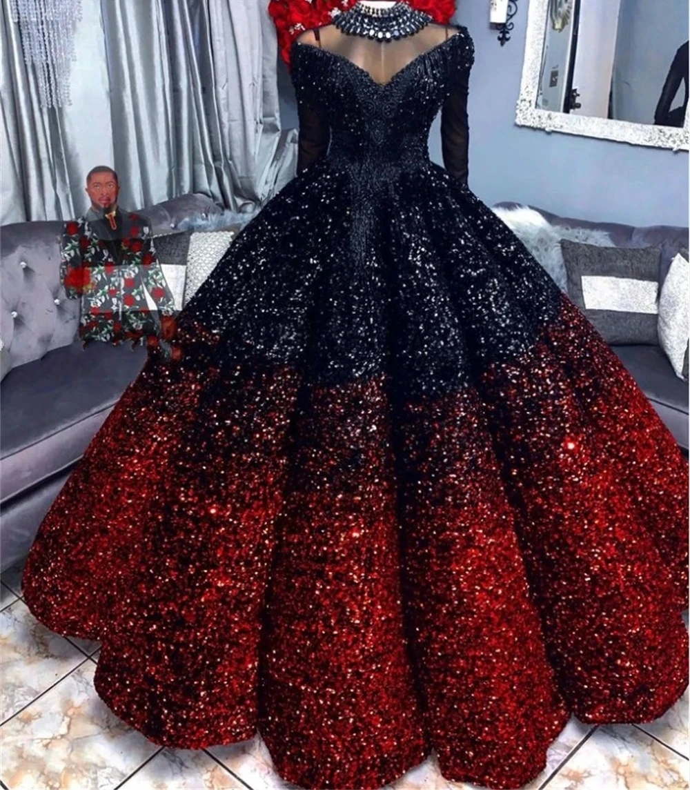 Rosso nero principessa abiti Quinceanera abito da ballo maniche lunghe paillettes Sparkle Sweet 16 abiti 15 aecos messicano