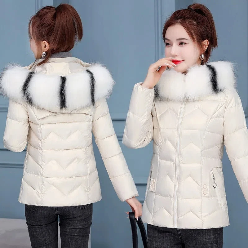 

Down Cotton Jacket Women 2022 Winter New Shiny All-match Casual Padded Coat Female Large Size Short Fur Collar Hooded Parkas