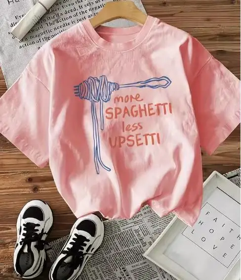 Vintage Funny Women T Shirt More Spaghetti Less Upsetti Hand Drawn Pasta Fork Graphic Short Sleeve White Tee Tops