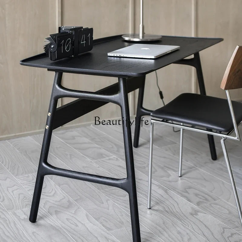 0 طاولة كتابة مكتب من الخشب الصلب للمنزل بسيطة وحديثة من خشب البلوط باللون الأسود على الطراز الإيطالي الشمالي #5