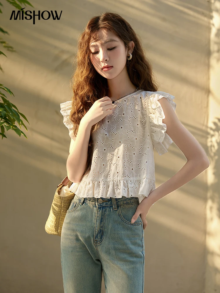 MISHOW Lace Blouses 2023 Summer French 100 Cotton Sweet Flying Sleeve Solid Sleeveless Hollow Out Female O Neck Tops MXC38X0059