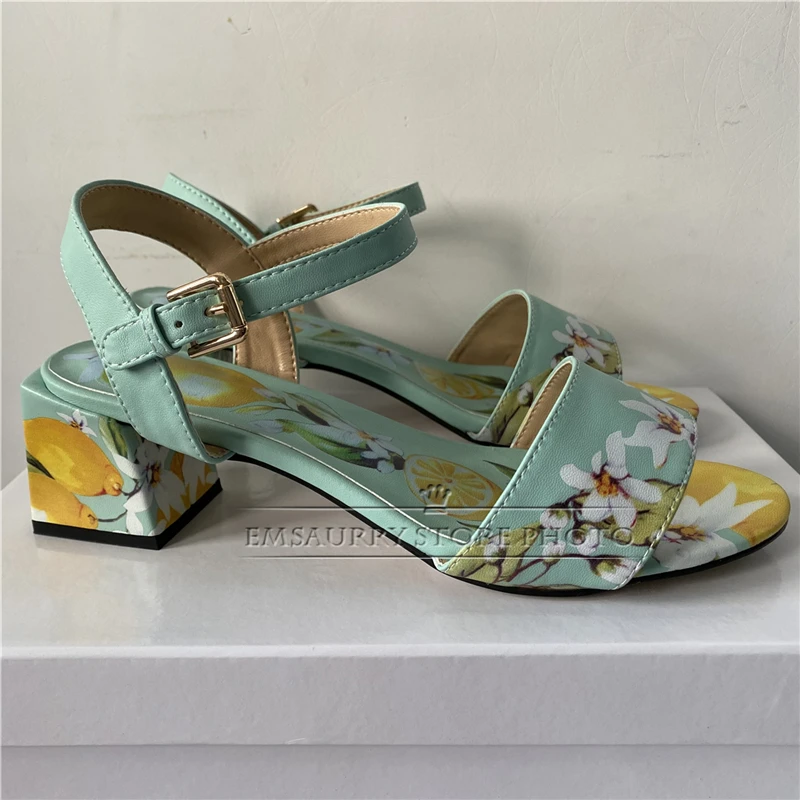 Stampa fiore sandali con un cinturino donna tacco quadrato in vera pelle Open Toe Outwear scarpe estive per ragazze