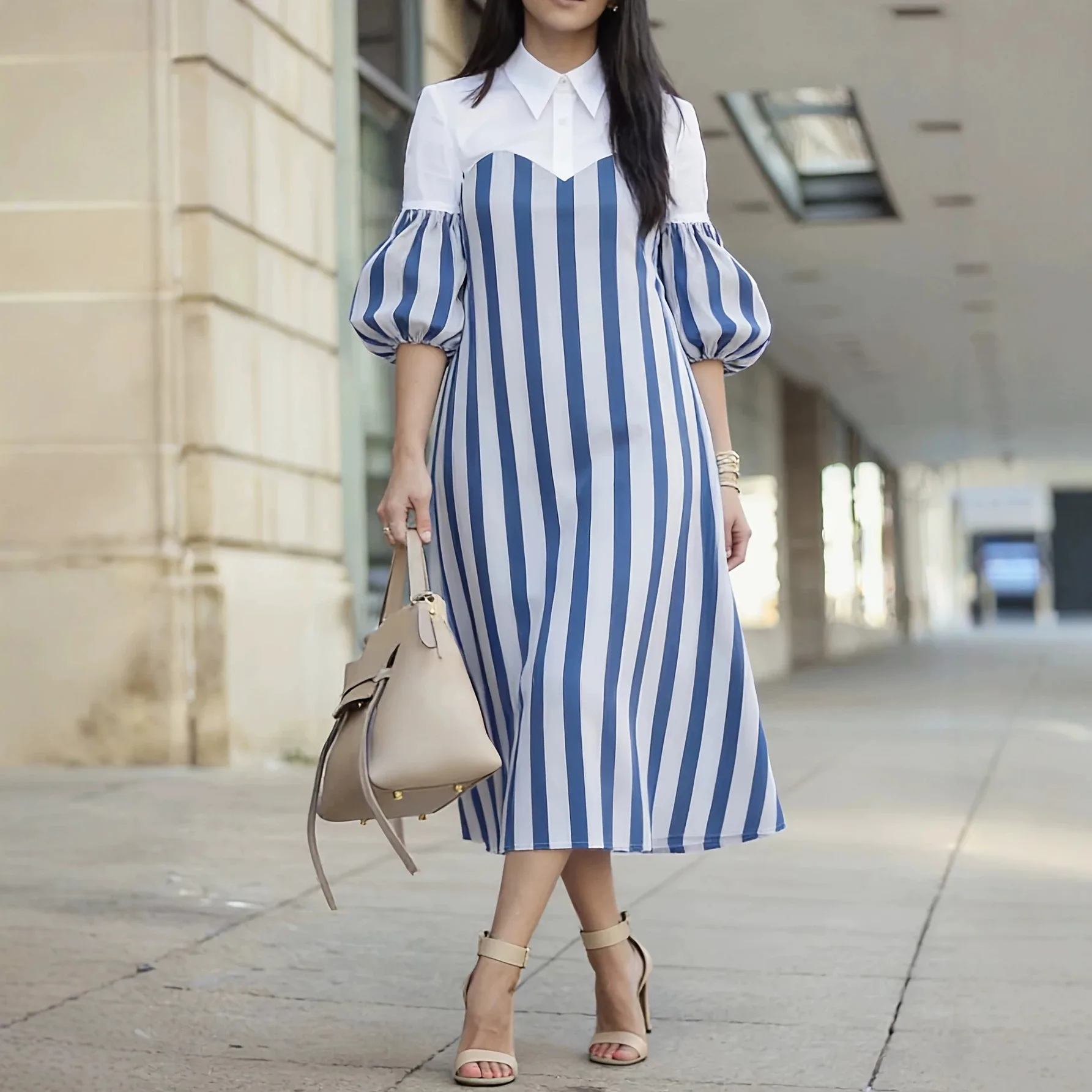 Women Summer Elegant Lapel Collar Blue White Vertical Striped Patchwork Dress Ladies Casual Puff Sleeve Office Slim A-line Dress