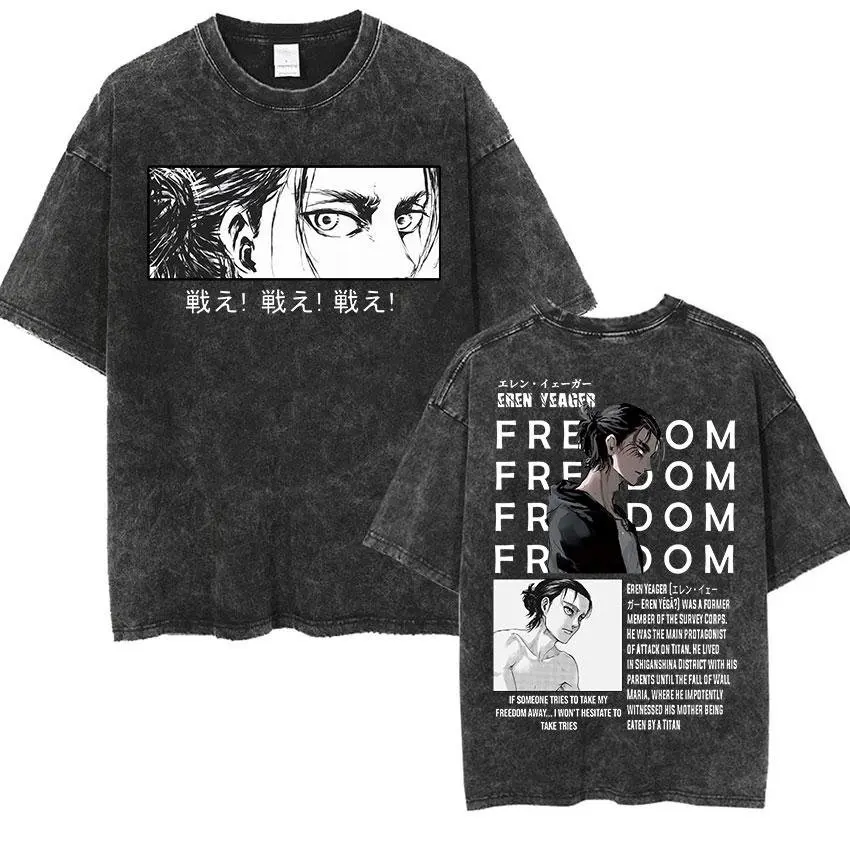 Vintage Washed T-shirt Man 2026 Attack on Titan Men Women Short Sleeve Tee Streetwear Anime Print Casual Tops Summer Y2k