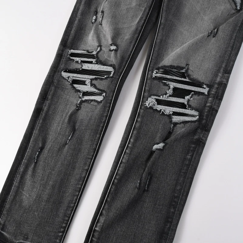 

Designer Autumn Fashion New Men's Jeans Perforated Black Leather Patch Washed Nostalgic Black Jeans High Street Hip Hop Brand El