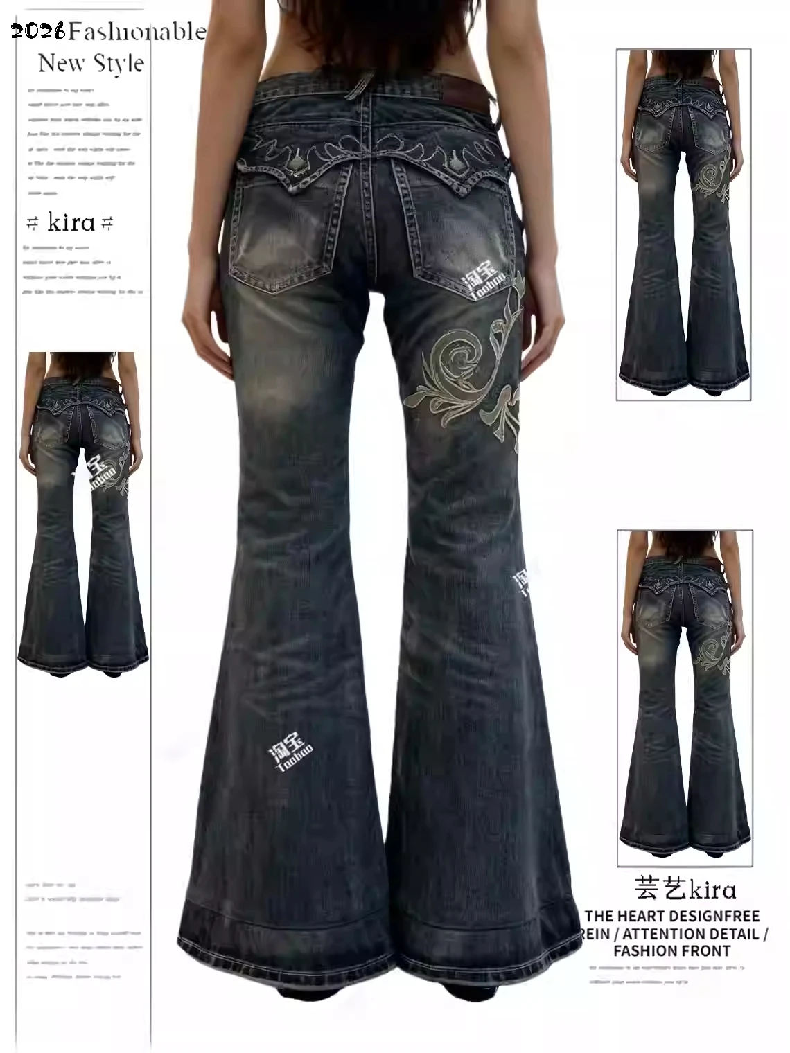 

Women's Designer Jeans Bell Bottom 2000s Abi Embroidery Denim Pants Flare Jeans Long Trousers American Retro Japanese Y2k Cowboy