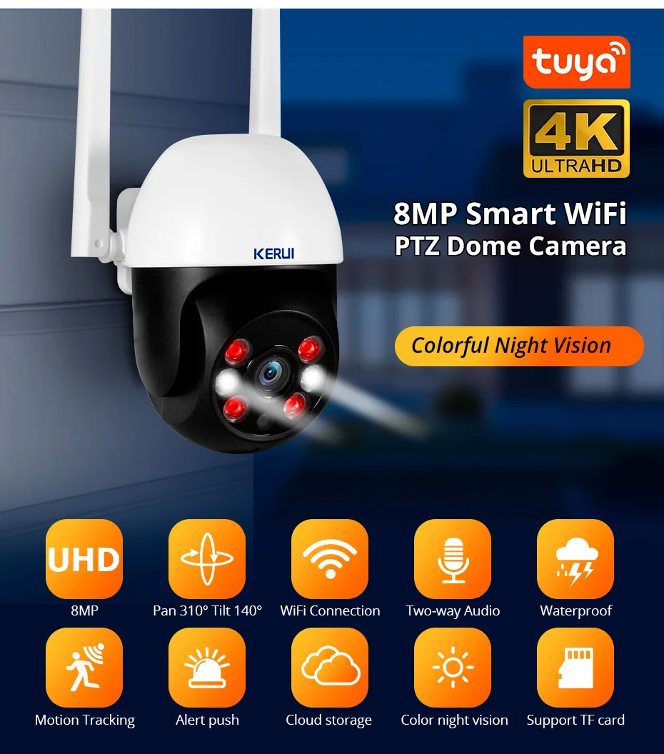 KERUI Tuya Smart/Smart Life 8MP PTZ Outdoor IP Camera for Home Security Protection WiFi CCTV Video Surveillance Camera Wireless