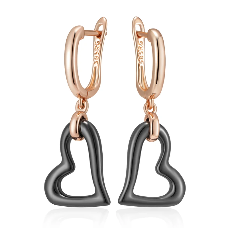 Kinel Hot Heart Black Ceramics Long Drop Earrings For Women Simple 585 Rose Gold Color High Quality Daily Vintage Jewelry