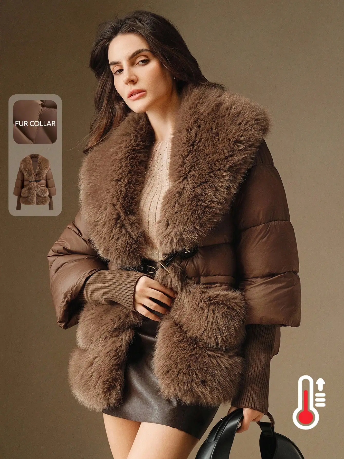 

Women's Faux Fur Collar Puffer Jacket with Belt, Winter Warm Thick Coat for Party & Formal Occasions