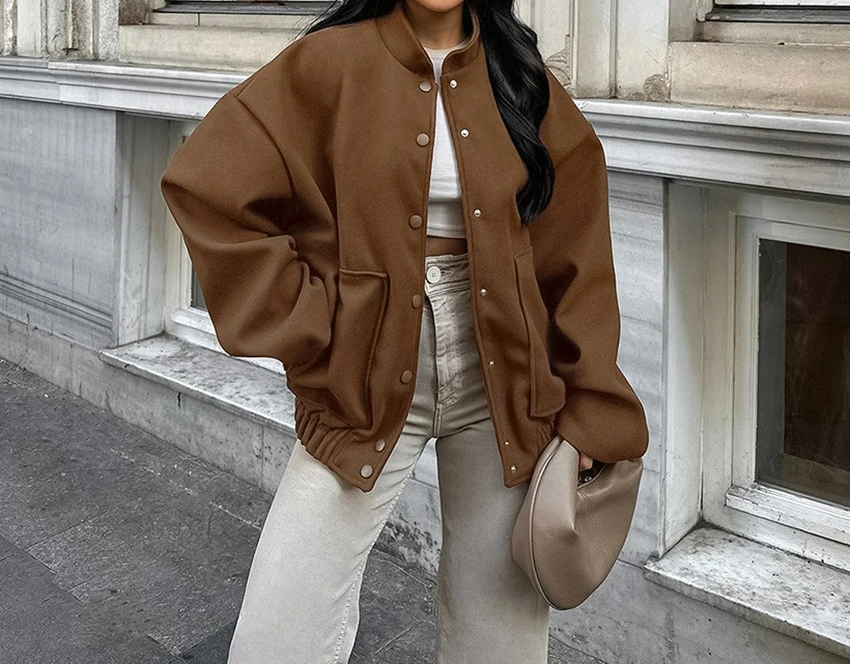 

Новое зимнее коричневое шерстяное пальто 2025 года, утолщенное шерстяное пальто среднего и длинного воротника-стойки, женская одежда