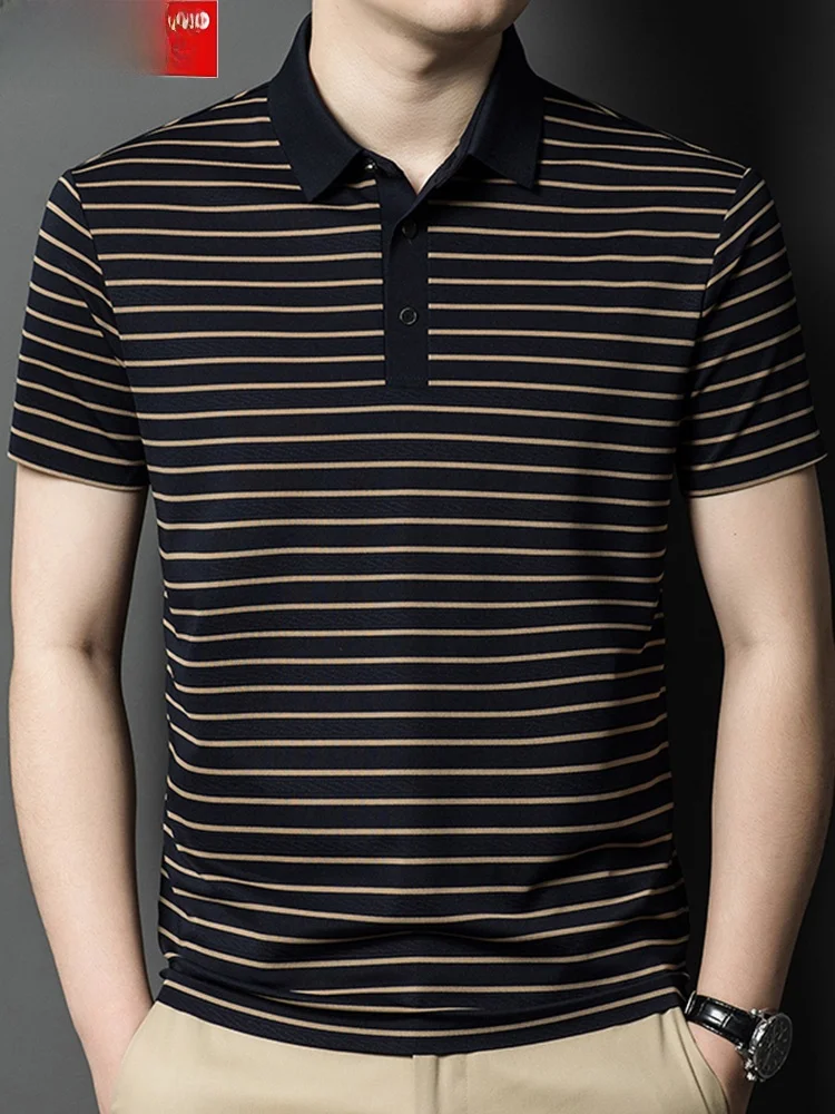 

Hengyuanxiang Men's Silk irt ort Sve Ice Silk Casual Striped Summer Faionable Ci Busin Sle Stand Fit