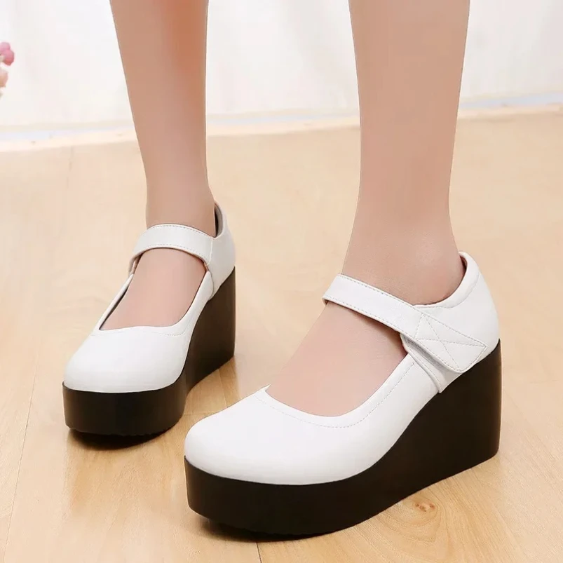 

Туфли из натуральной кожи с мелкой толстой подошвой, туфли-лодочки на платформе, осенние женские туфли на высоком каблуке на танкетке, офисная обувь