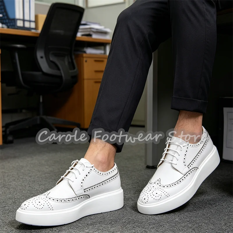 

Male White Genuine Leather Lace-Up Carving Brouge Shoes Chunky Bottom Heigh Increasing Oxfords Male Wedding Party Dress Shoes
