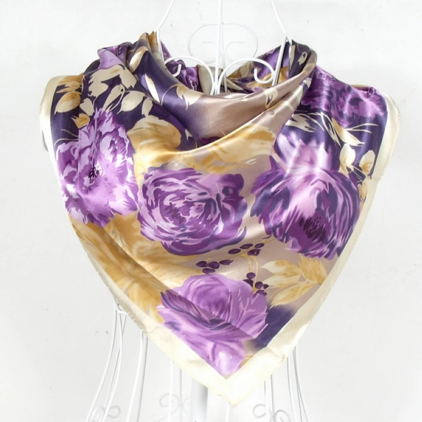 [BYSIFA] Fall Winter Purple Satin Scarves Printed Fashion Women Accessories Elegant Roses Large Square Silk Scarf Hijab 90*90CM